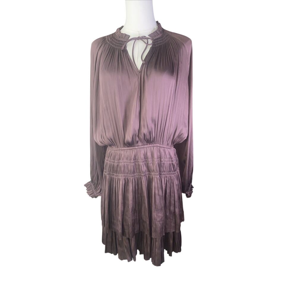 RESET Large Satin Mini Dress Brown Micro Pleats Long Sleeve